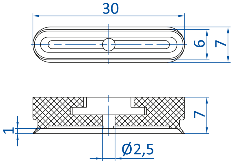 Размер овальной вакуумной присоски FIPA серии SO-E 132.30x6.014